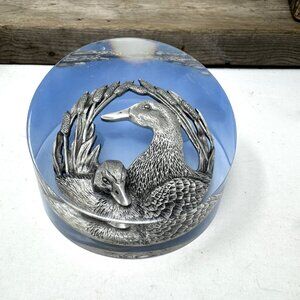 Vintage 3D Lucite Sculpture Duck Family Oval Paperweight Collectible Table Decor